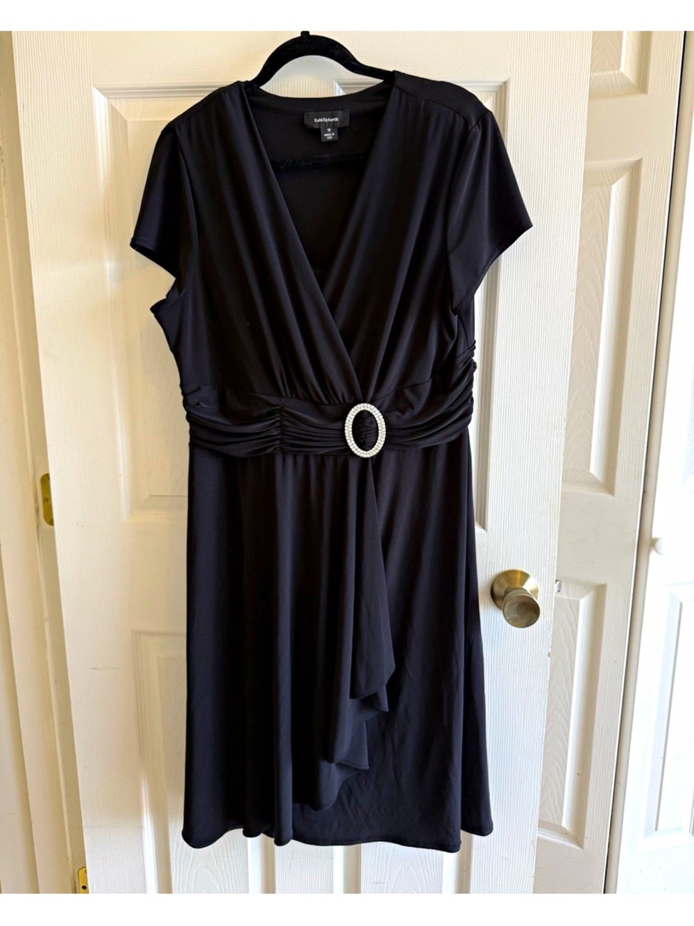 R&M Richards Black V-Neck Midi Dress with Rhinestone Buckle